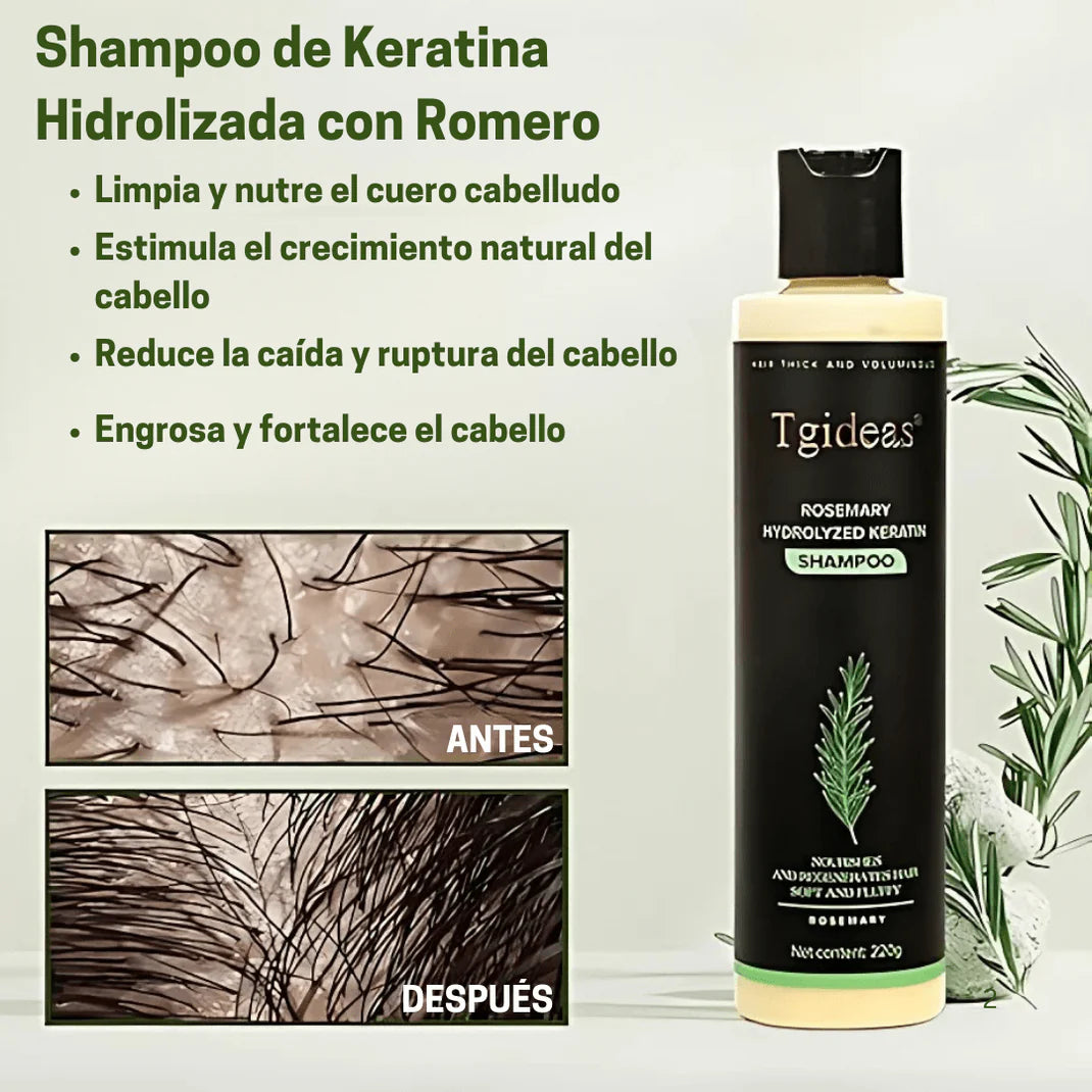 Keratina + Romero + Ortiga + Biotina - Champú Nutritivo y Regenerador para Cabello Grueso y Voluminoso (220 ml) - IdeasLabCo™