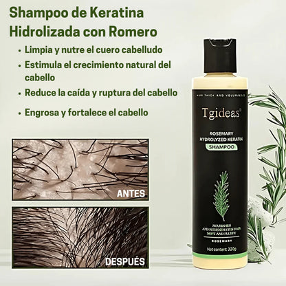 Keratina + Romero + Ortiga + Biotina - Champú Nutritivo y Regenerador para Cabello Grueso y Voluminoso (220 ml) - IdeasLabCo™