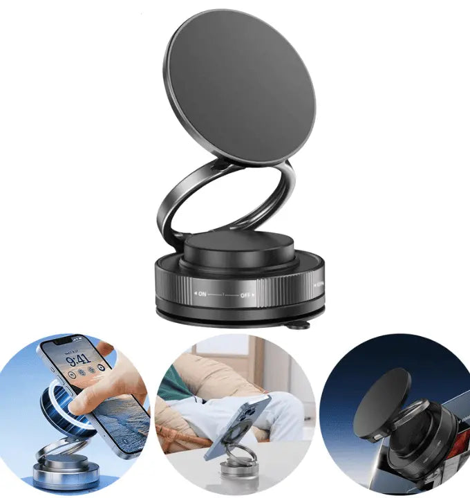 SOPORTE DE CELULAR MAGNÉTICO AJUSTABLE Y GIRATORIO 360° IMBATIBLE EN AUTO, OFICINA O CASA.