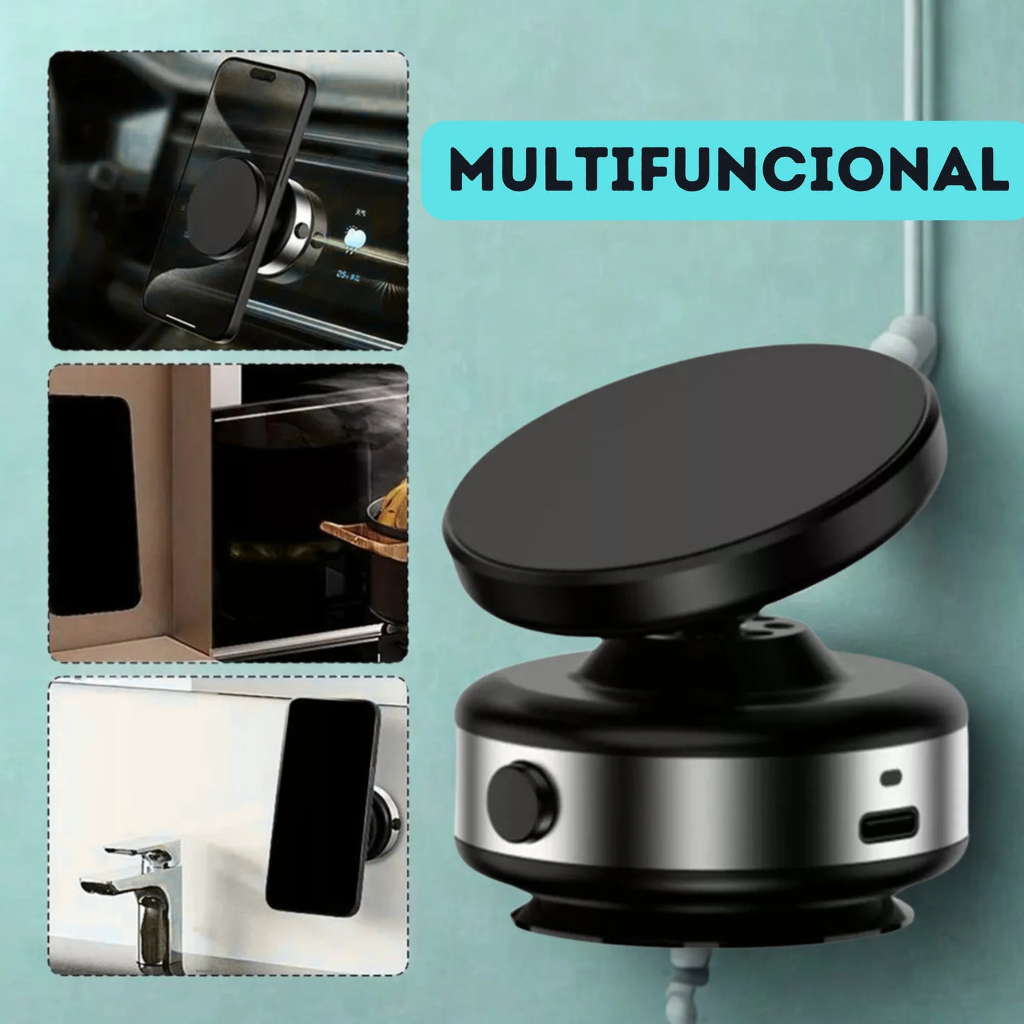 SOPORTE DE CELULAR MAGNÉTICO AJUSTABLE Y GIRATORIO 360° IMBATIBLE EN AUTO, OFICINA O CASA.