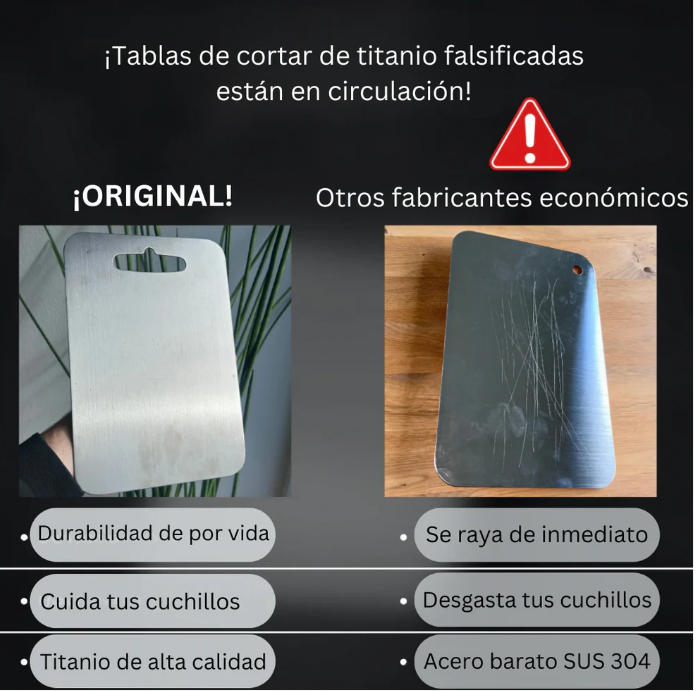 Tabla de cortar de titanio 100% puro: No más microplásticos, bacterias ni cuchillos romos