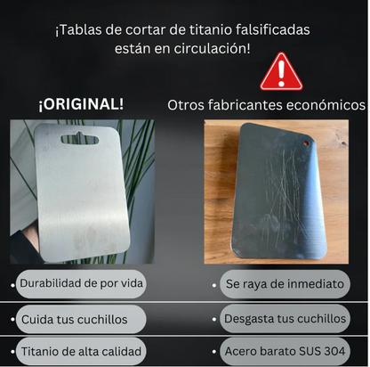 Tabla de cortar de titanio 100% puro: No más microplásticos, bacterias ni cuchillos romos